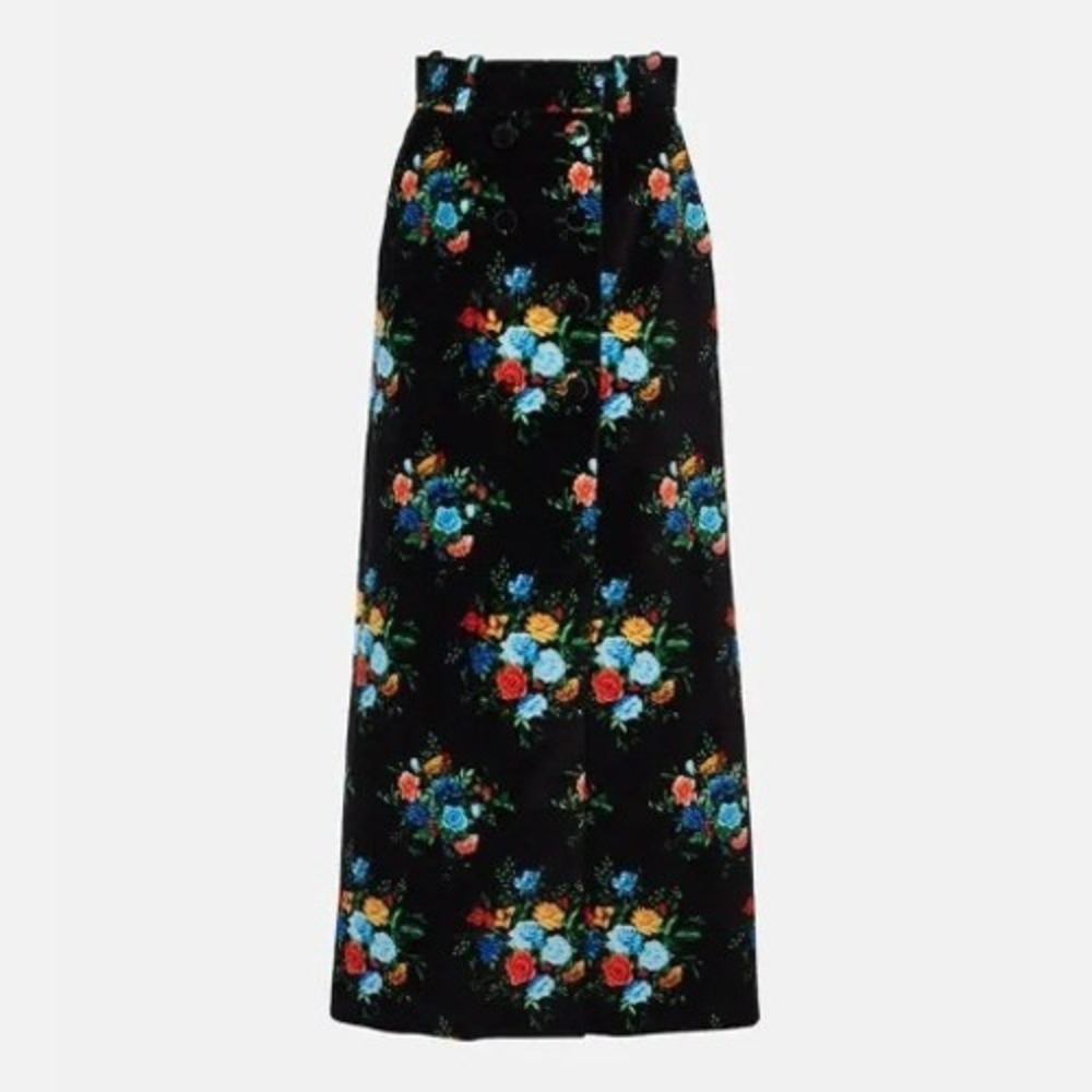 Paco Rabanne Jupe Floral Cotton Blend‎ Maxi Skirt Velvet Black Size 38 / 6 US